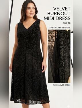 Velvet Burnout Black Midi Dress Sleeveless Sz 18 Whimsigoth Moody Formal